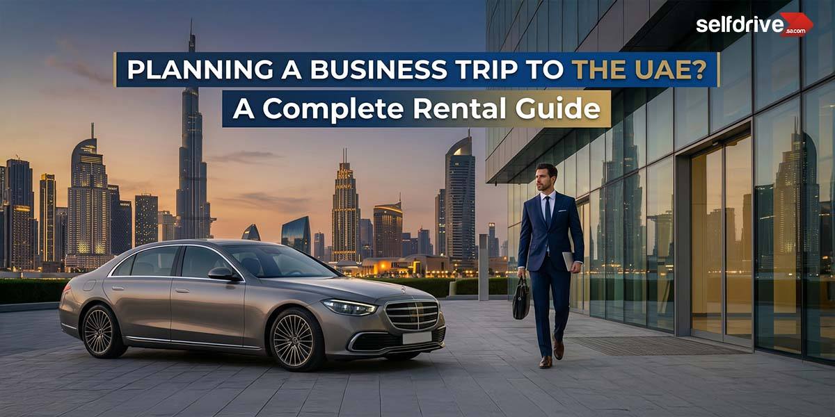A businessman in a suit stands by a sleek car in a modern cityscape at sunset. Text reads