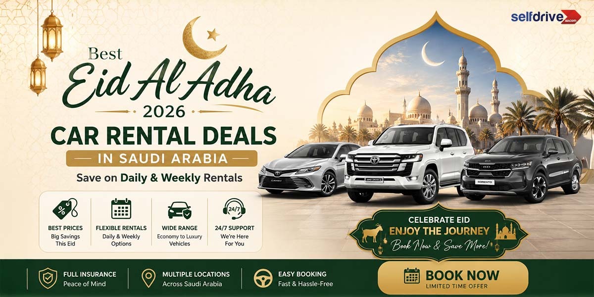 Alt text: "Festive car rental ad for Eid Al Adha 2026 in Saudi Arabia. Features three SUVs with a mosque silhouette, palm trees, and lanterns. Offers on rentals and 24/7 support."
