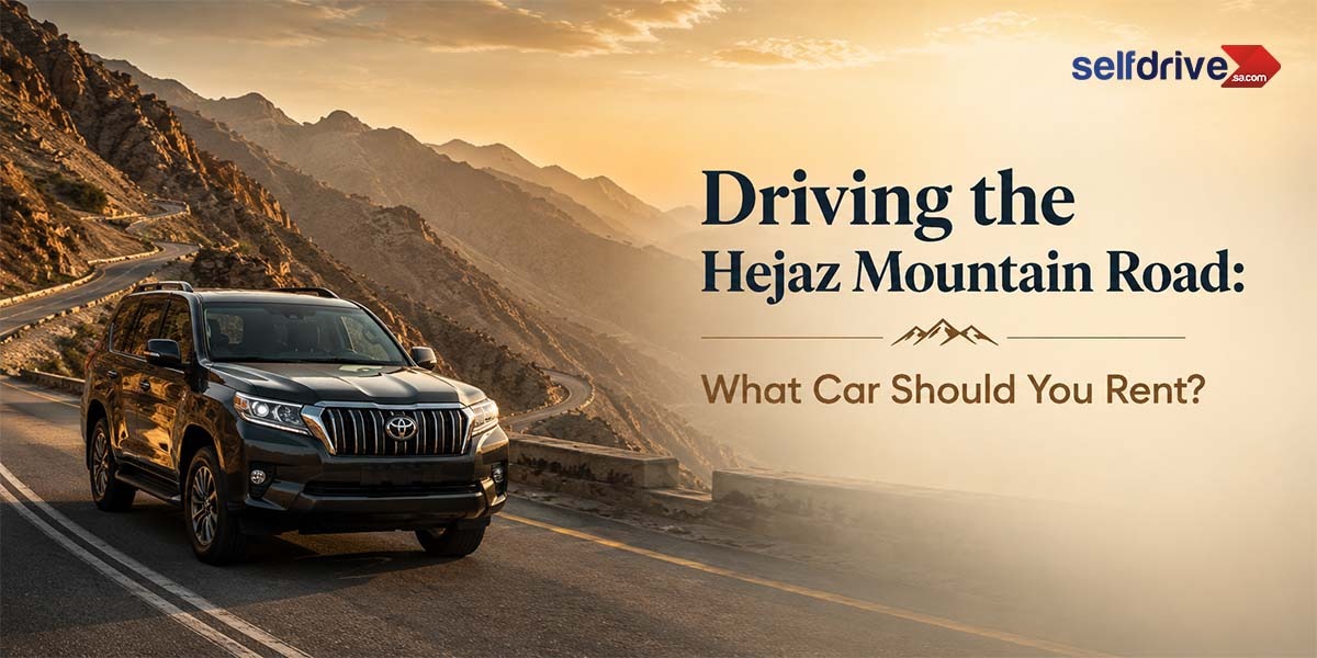 A black SUV drives on a winding mountain road at sunset, surrounded by rocky cliffs. The text reads, 